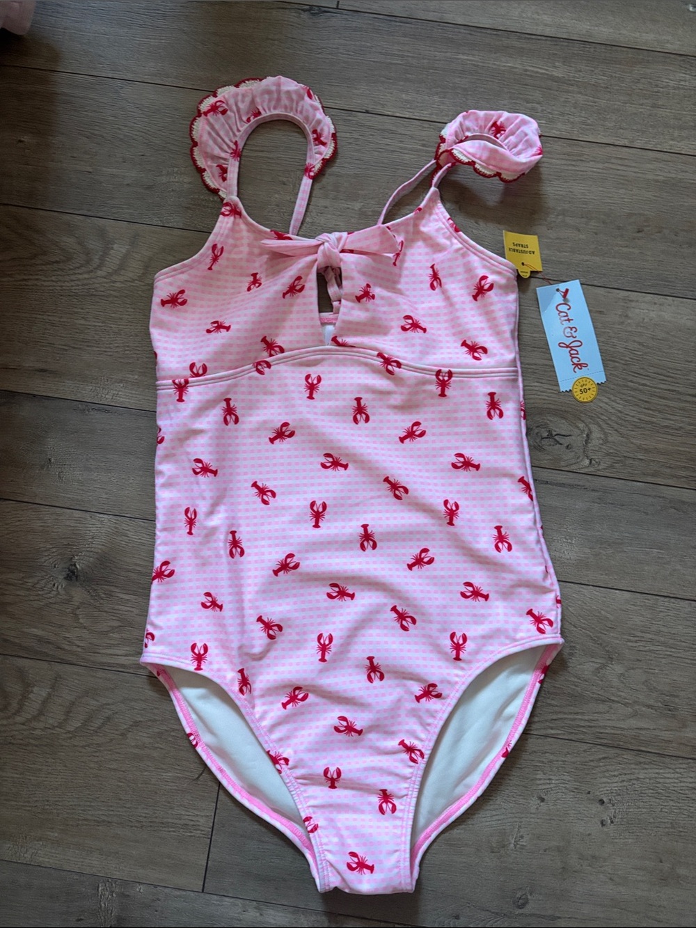 Cat & Jack Pink One-Piece Swimsuit with Red Lobster Print